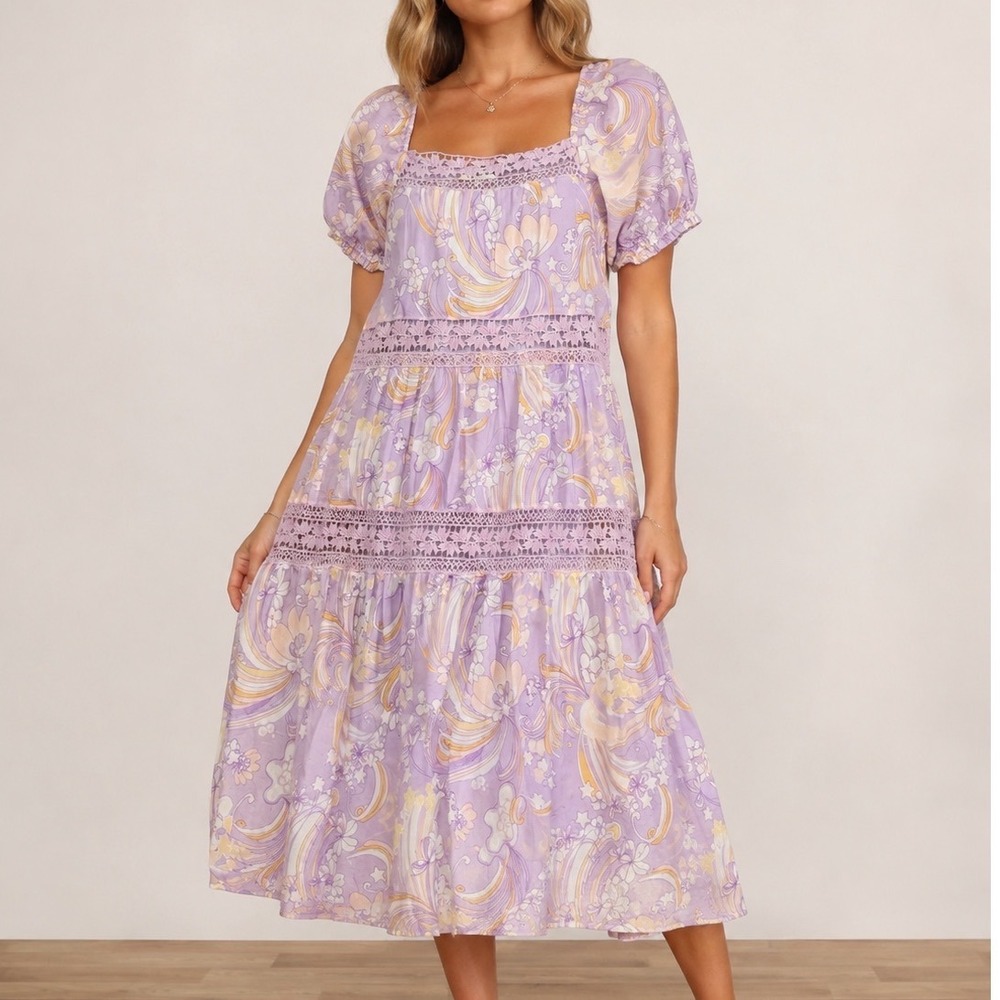 Hale Bob Purple Psychedelic Floral Crochet Lace Mini Dress resort S cottage